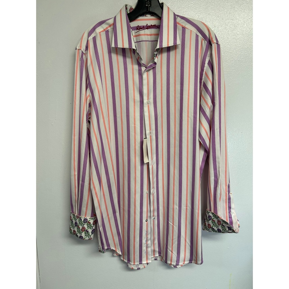 Robert Graham Mens Striped Button Down Shirt Purple Orange Skull Cuff 16.5 NEW